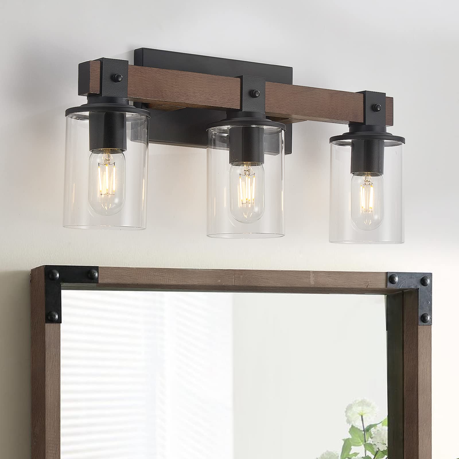 DUJAHMLAND Wood Farmhouse Vanity Light,3-Light Rustic Bathroom Light Fixture with Clear Glass Shade,Industrial Black Wall Sconce for Bathroom Lighting, (Wood, 3-Light)