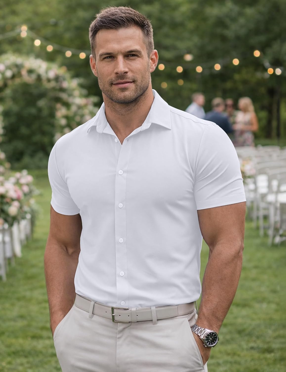 Mens Muscle Fit Casual Dress Shirts Short Sleeve Wrinkle-Free Button Down Shirt - Image 4