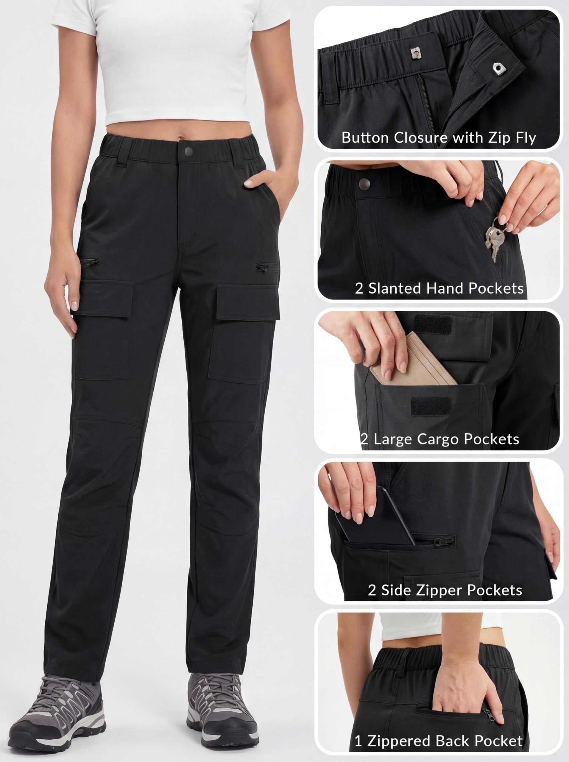 GymBrave Pantalone da Trekking Donna Estate Leggero Pantalone da Lavoro Elasticizzato Impermeabile Pantalone Cargo con Tasca Zippata Safari