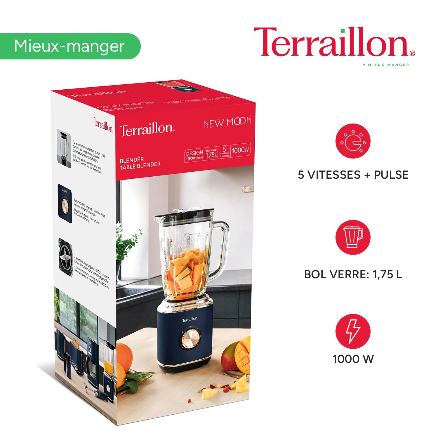 TERRAILLON - NEW MOON- Blender Electrique, Capacité 1.75L, 600W, Bol en verre, 5 vitesses réglables, Fonction Pulse, 4 Lames en Inox, Couvercle anti-débordement, Corps en Inox peint, Bleu