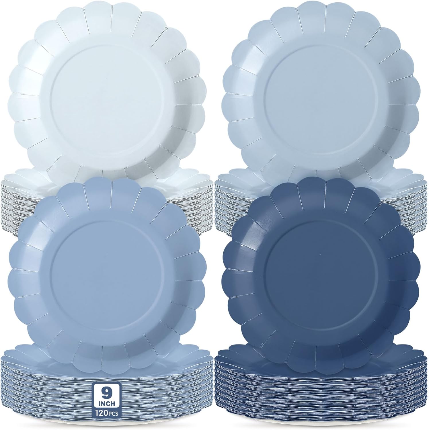120 Pcs Dusty Blue Paper Plates 9 Inch Blue Scalloped Disposable Round Dessert Paper Plates Party Decoration for Margs and Matrimony Bachelorette Party Women Birthday Baby Shower Wedding