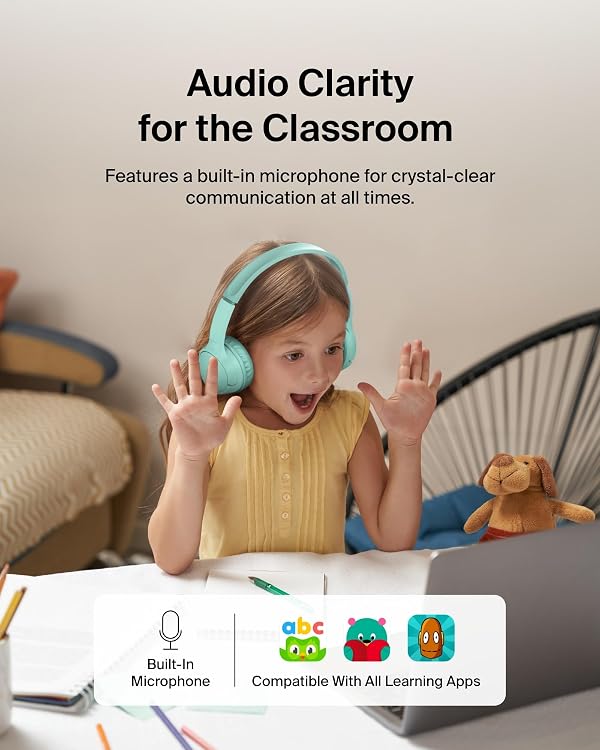 Belkin SoundForm Mini - Wireless Bluetooth Headphones for Kids with 30H Battery Life, 85dB Safe Volume Limit, Built-in Microphone - Kids On-Ear Earphones for iPhone, iPad, & More - Mint w/Case by Belkin - Used condition - Image 5