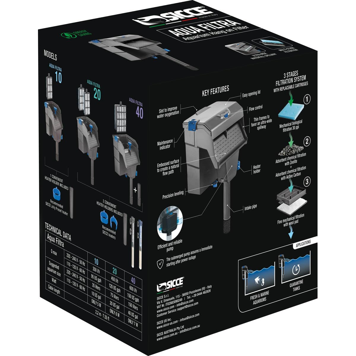 Sicce Aqua Filtra 40 - Filtro de alimentación para acuarios de hasta 40 galones, silencioso de 3 etapas para Agua Dulce y Salada