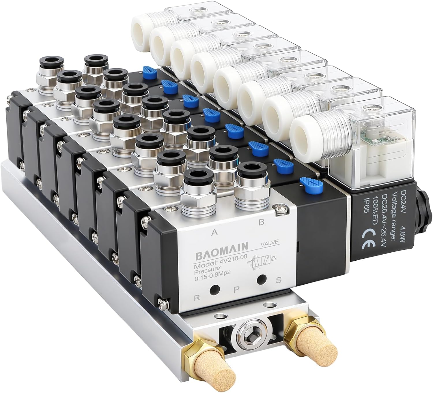 Baomain 8-Station 24V DC Solenoid Valve Manifold - 5/2 Way 4V210-08 Pneumatic Air Valves, 1/4" PT Ports, Base & Mufflers Included