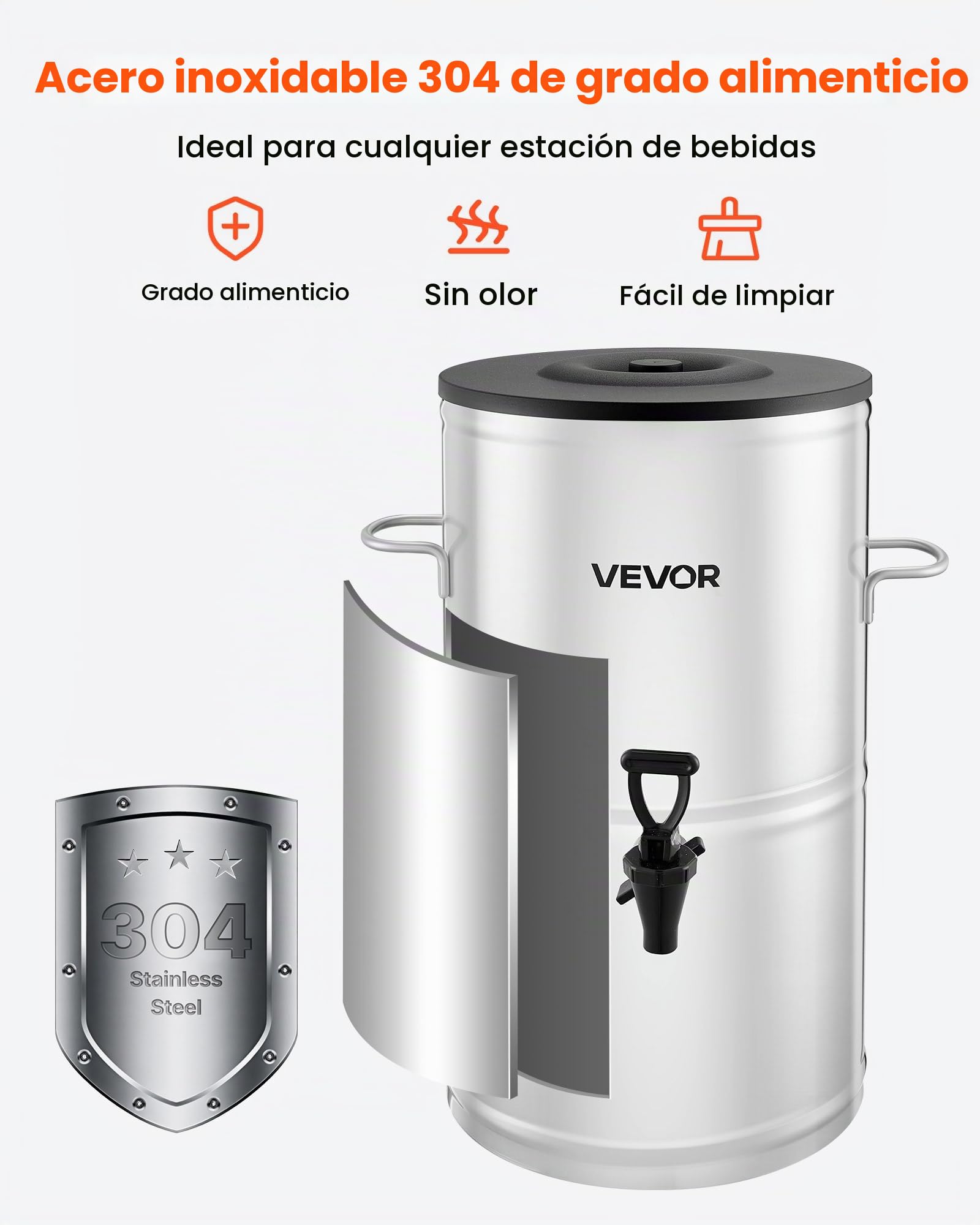 VEVOR Dispensador de Té Helado, 15 L, Acero Inoxidable 304, con Grifo y Asa, Apto para Bebidas Frías y Calientes, Té Helado, Café y Agua en Cafeterías y Restaurantes, 340 x 375 x 510 mm, Plata