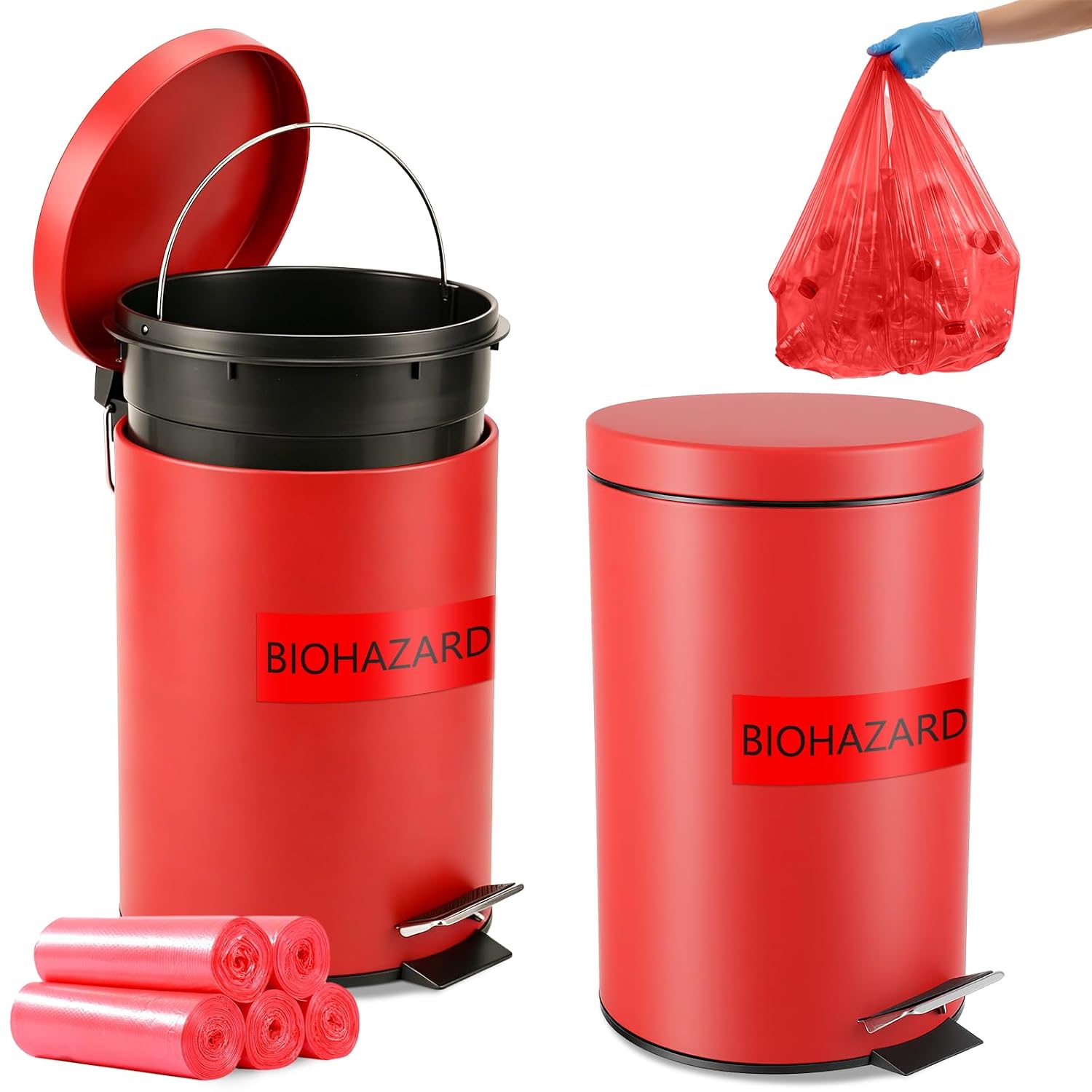 Geiserailie 2 Set 1.32 Gallon Stainless Steel Biohazard Trash Can with Foot-Operated Self-Closing Lid, with Biohazard Labels and Bags for Lab Medical Hospitals Industrial Infectious Waste Disposal