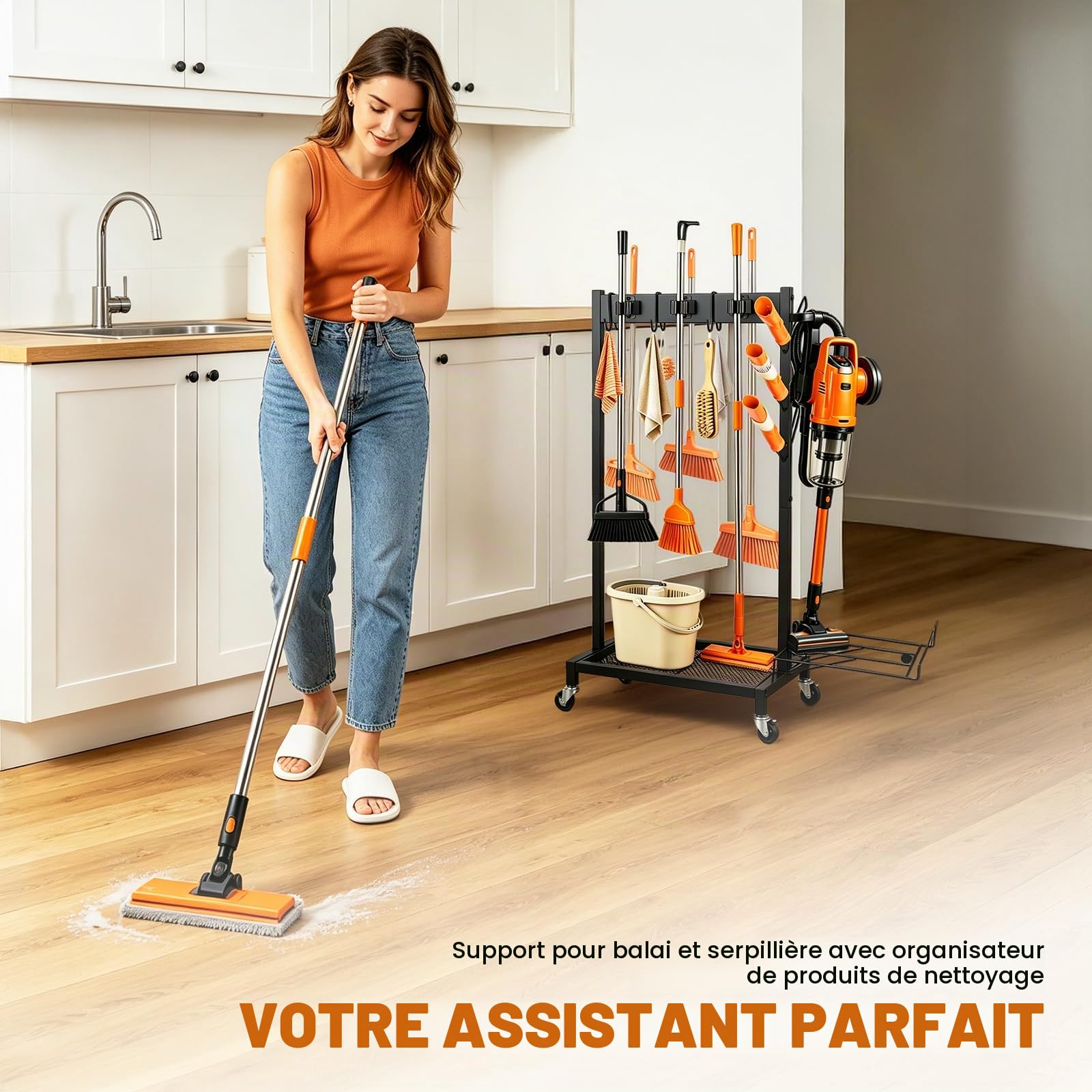 Chariot de Nettoyage, Porte Balai, avec 4 roulettes, 3 Crochets et 6 Emplacements, pour Outils de Jardin, avec Roue et Crochet, Support pour Outils Jardin, Étagère Rangement Nettoyage Mobile
