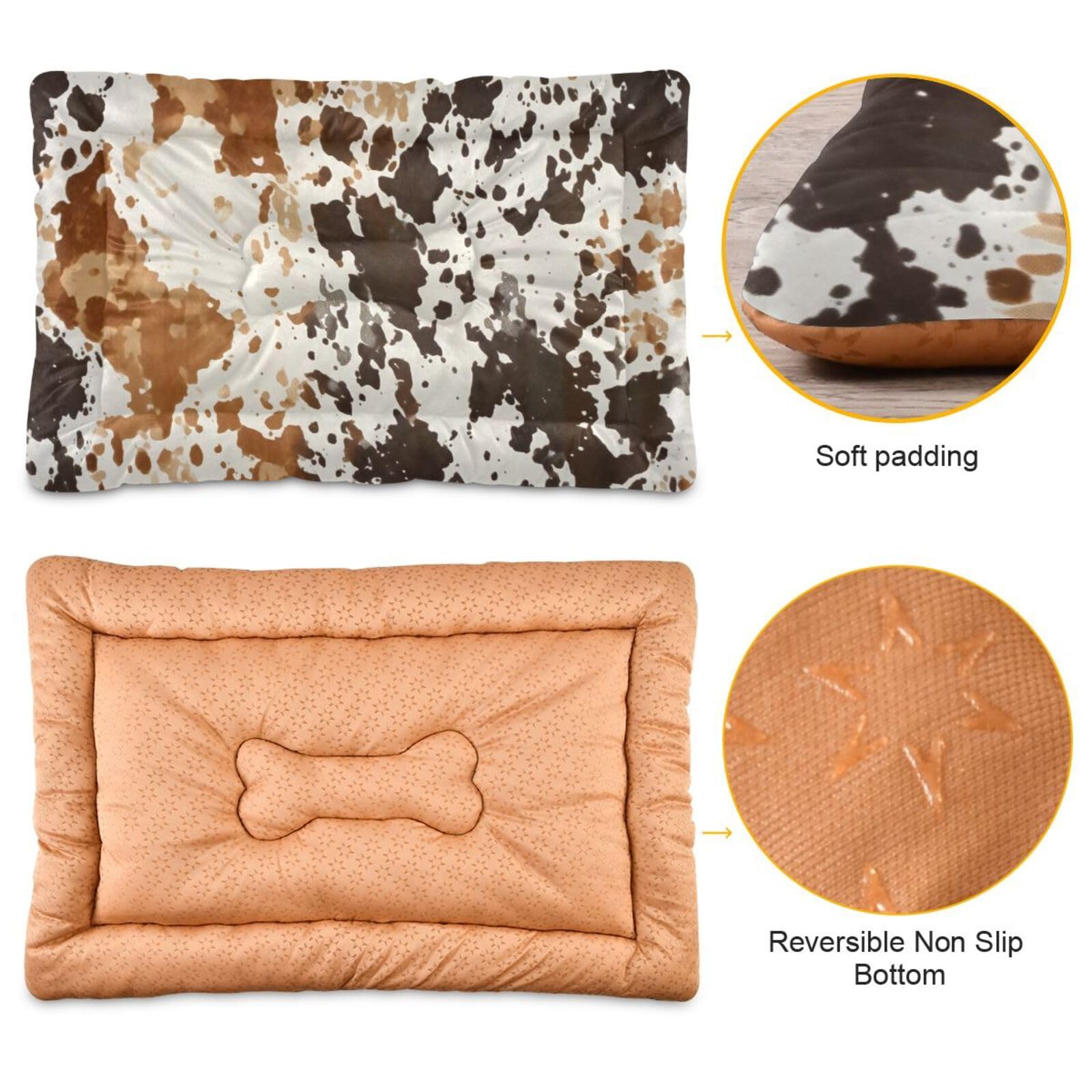 Jihqo Retro Cow Print Pet Bed Mat for Dog Cat Crate Pad Non-Slip Bottom Design Washable Cushion Padding Pet Sleeping Bed, 36