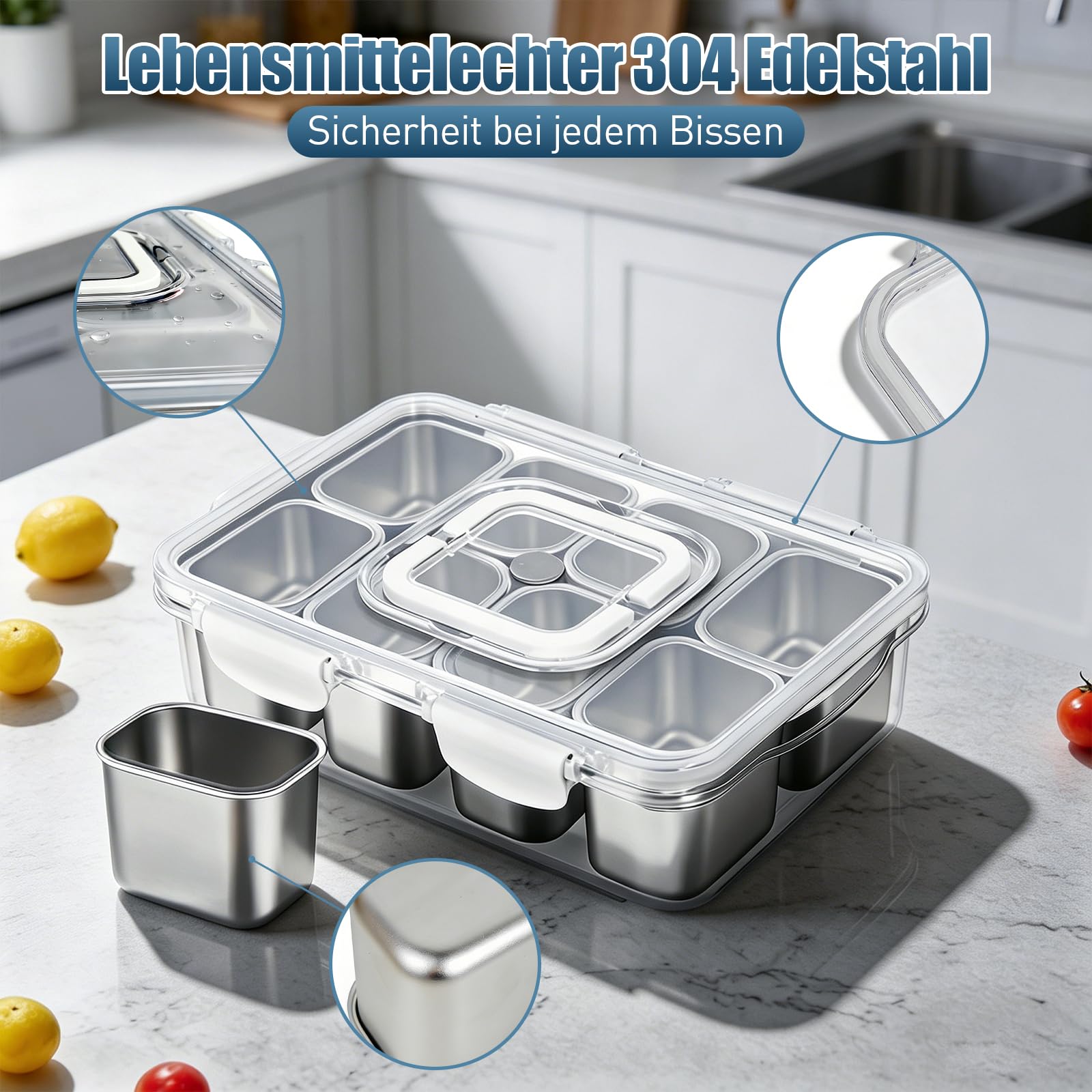 Snackbox mit 8 Edelstahl Fächern, Tragbare Snack Aufbewahrungsbox mit Deckel und Griff, auslaufsicherer Snack Organizer für Obst, Nüsse, Gemüse, Kekse – BPA-frei, ideal für Picknick & unterwegs