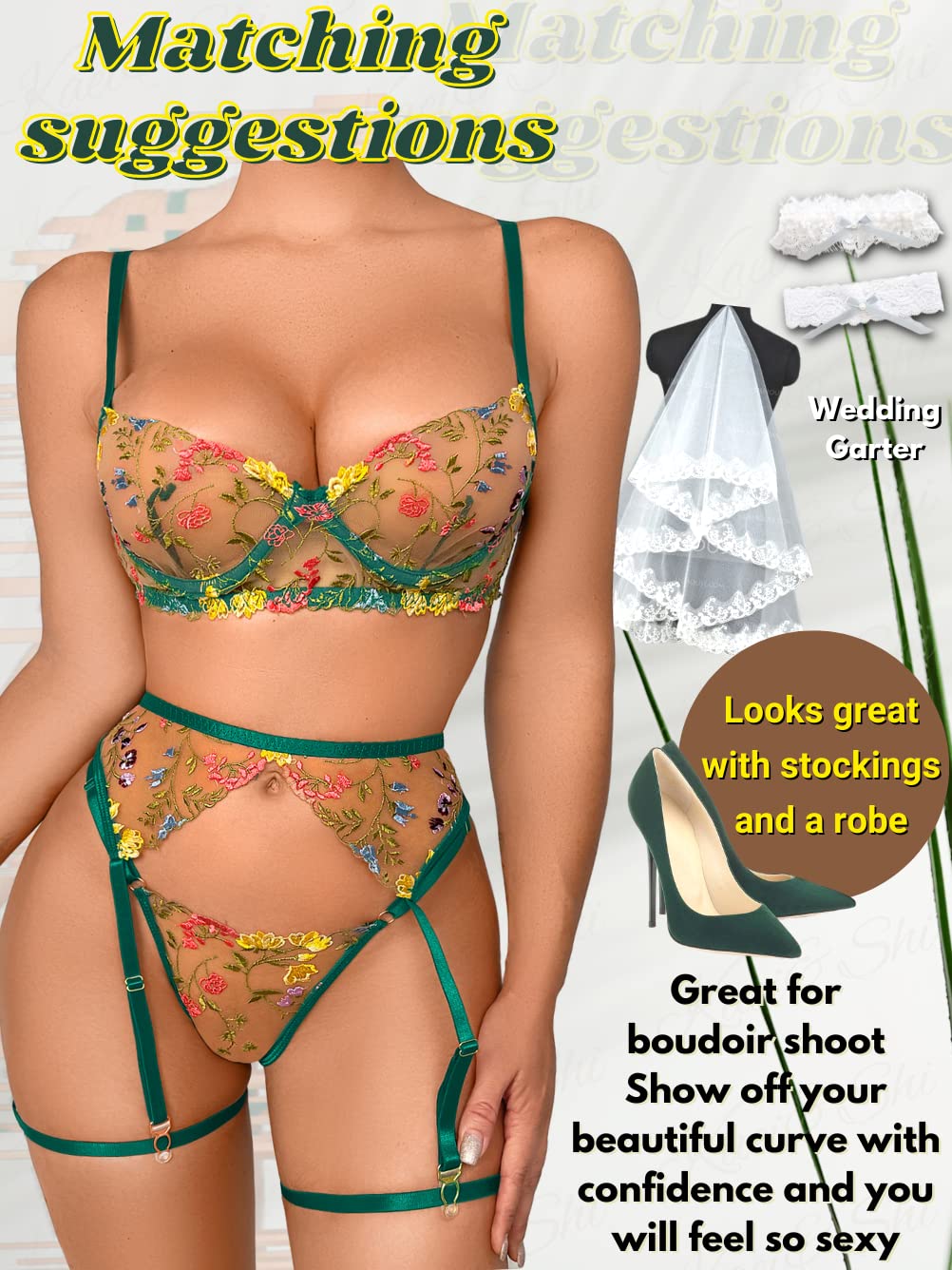 Kaei&Shi Vibrant Floral Embroidery, Underwire, Thong, Thigh Straps, Lingerie Set: 12 Green
