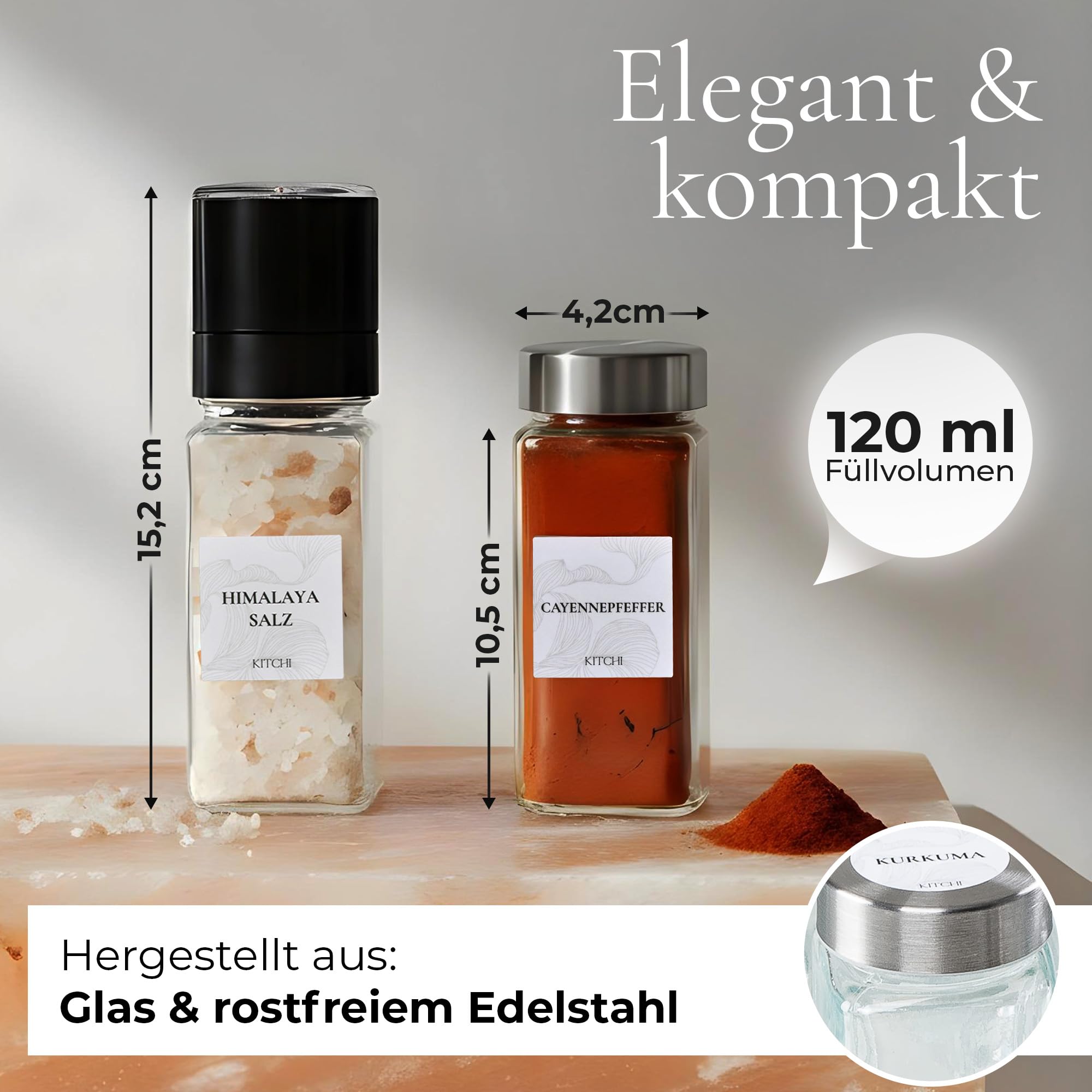 KITCHI Tarros de especias con bandeja para esparcir [24 x 120 ml] + 240 etiquetas resistentes al agua – tarros herméticos para especias rectangulares – Juego de tarros de especias – Juego de tarros de