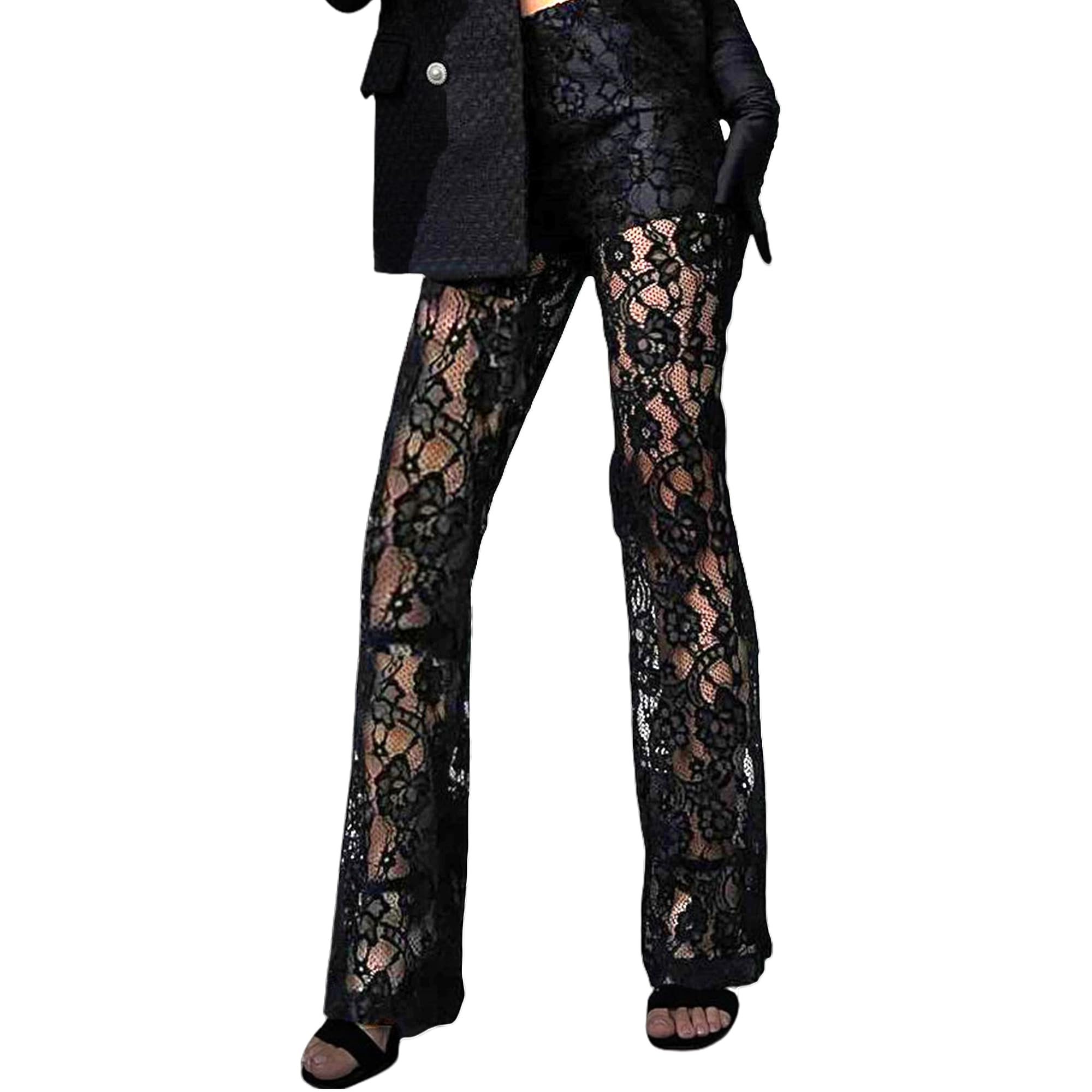 BOLLEY JOSS Womens Sexy See Through Floral Lace Pants Hollow Out Straight Leg Flare Pants