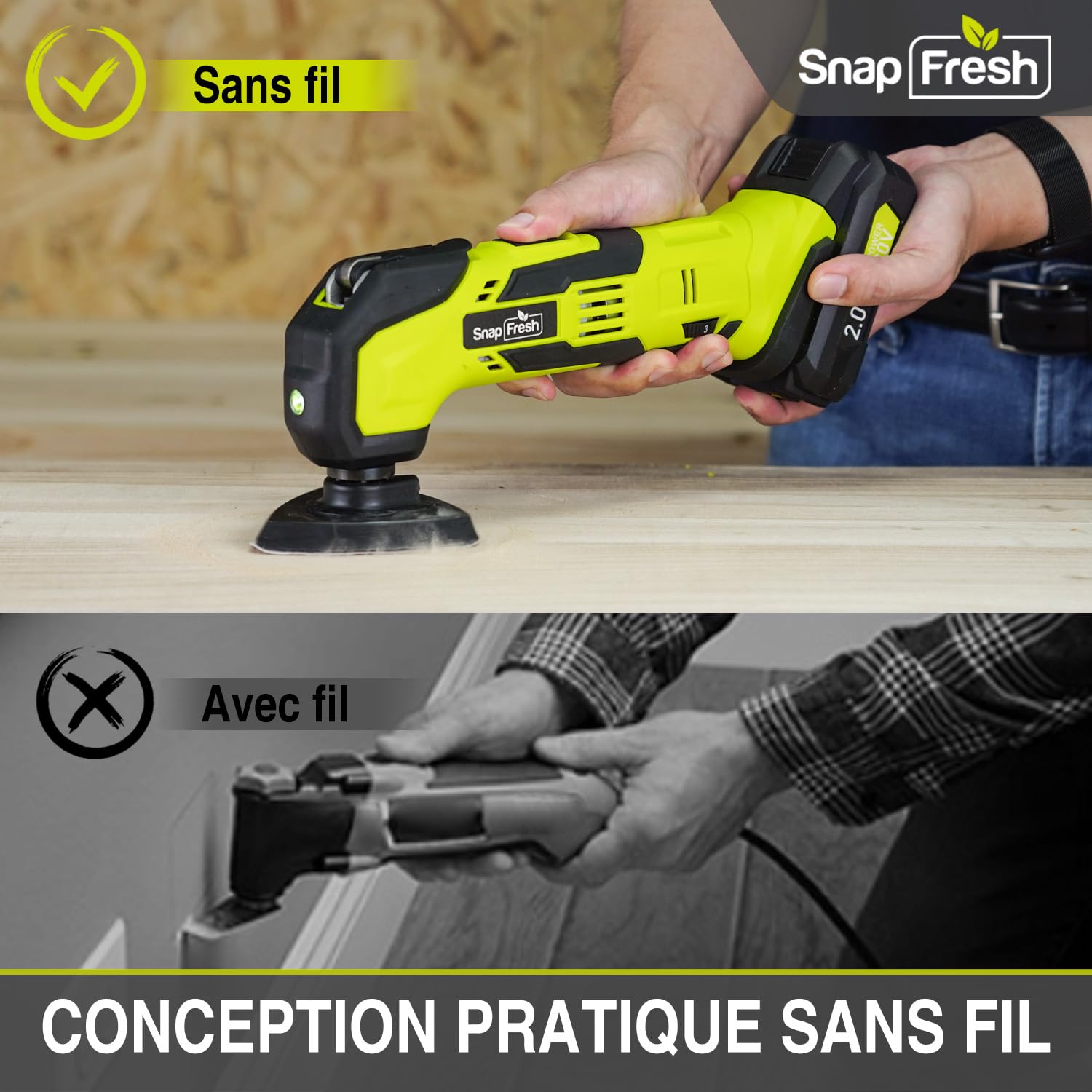 SnapFresh Outil Multifonction sans Fil 20V Scie Oscillants 6 Vitesses 5000-18000 tr/min, Angle Oscillant 3,2°, 24 Accessoires pour Couper, Poncer, Gratter, Scier, Polir, Polir, Bricolage