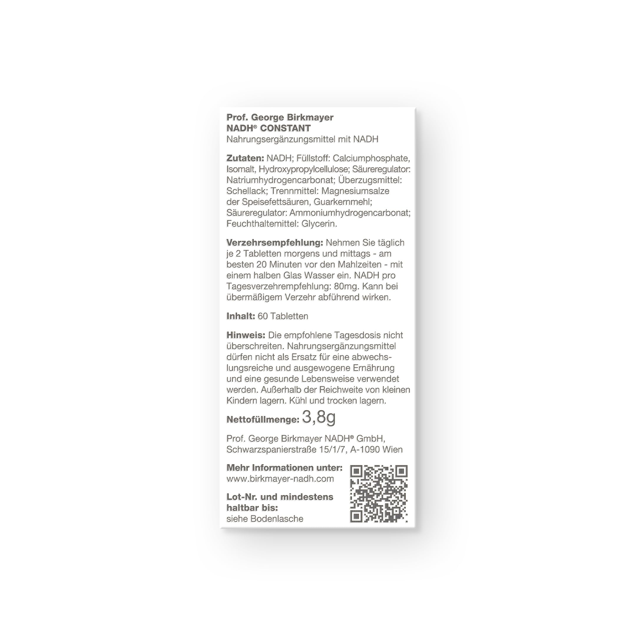CONSTANT, hochdosiert, 80mg NADH Tagesdosis, Tablette, Supplement, 60 Tabletten