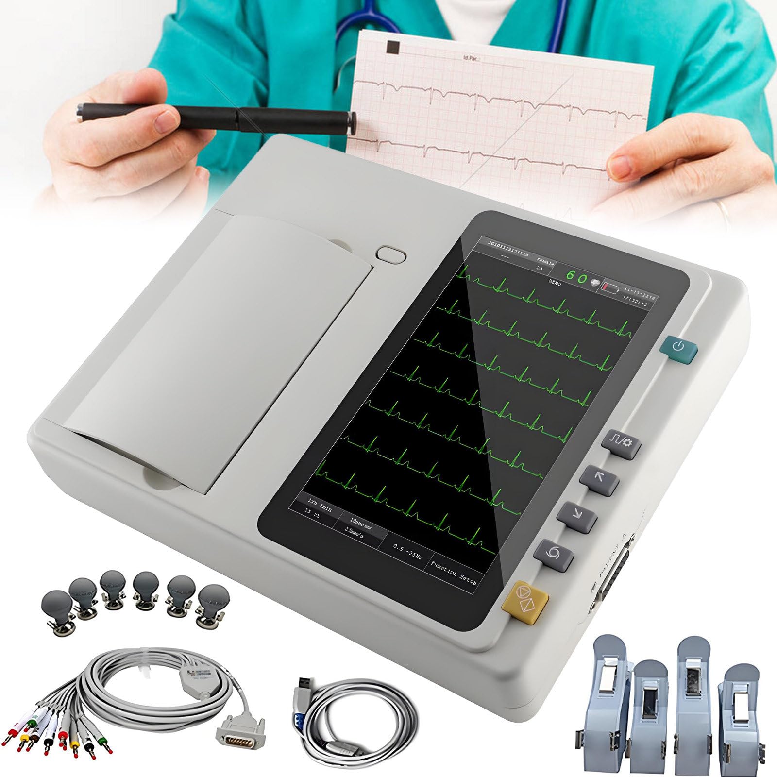 NYANS Elettrocardiografo/Monitor Cardiaco - Dispositivo ECG Portatile a 12 Derivazioni e 3 Canali con Display LCD a Colori per Il Monitoraggio dei Parametri Vitali