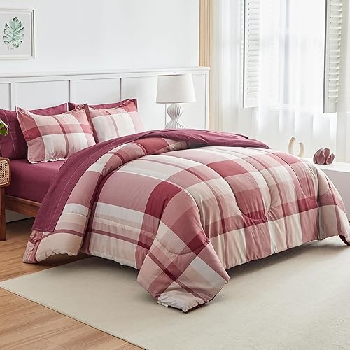 Miniatura 2 de AIKASY Bed in a Bag - Juego de edredón reversible de microfibra suave de 6 piezas, diseño de cuadros rojos, para todas las estaciones (1 edredón, 1