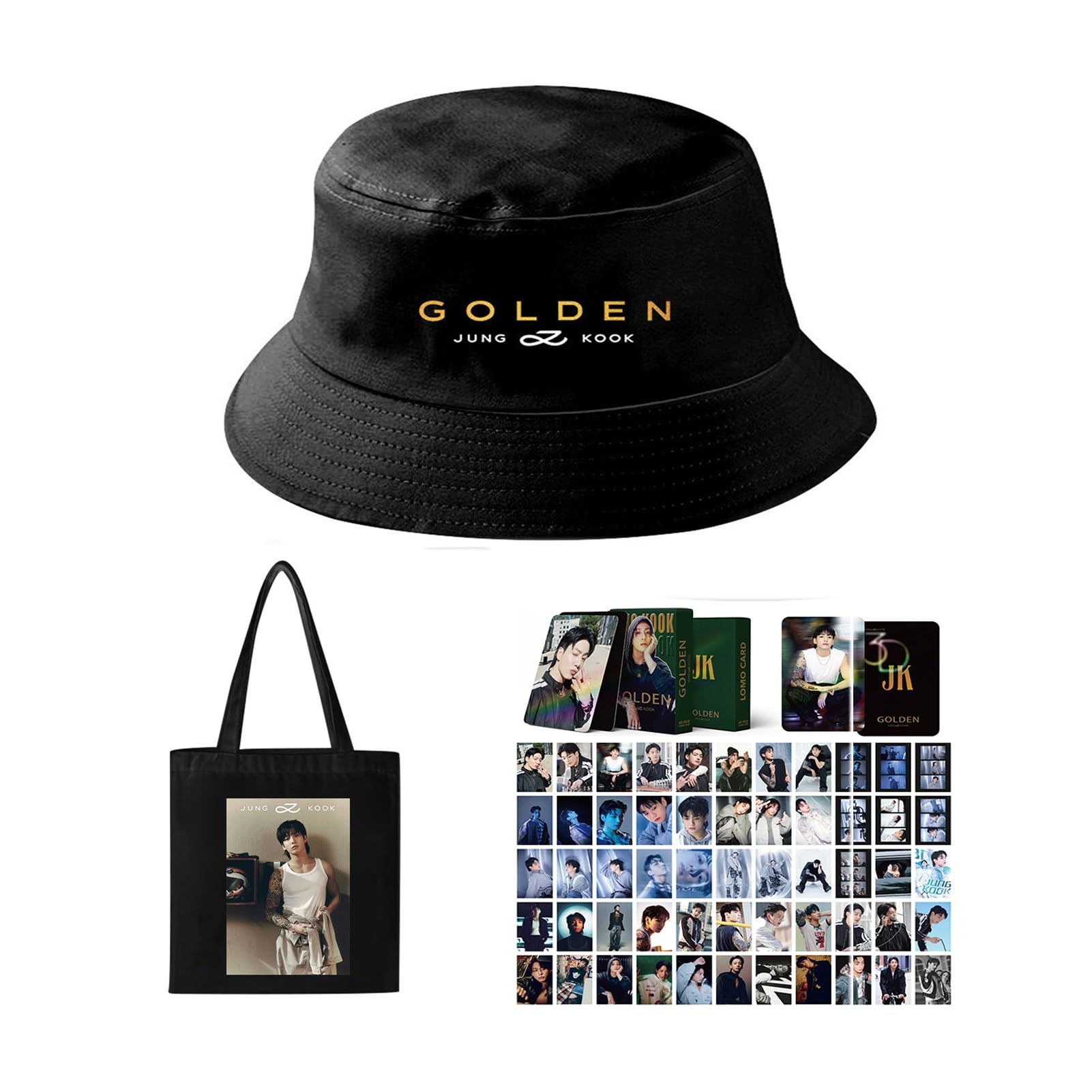 Juego De Regalo De K-pop De Mercancía De Jungkook, 1 Bolsa De Lona De Álbum GOLDEN, 1 Sombrero, 1 Caja De Tarjetas Láser, 55 Piezas, JUNGKOOK Mercancía(Color:Black-8)