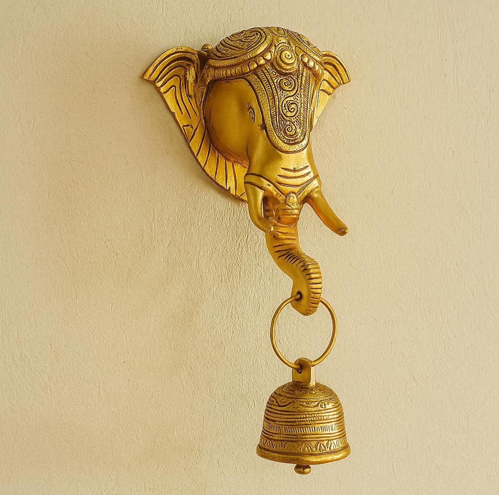 StonKraft - Tête d'éléphant heurtoir de Porte/décor de Porte avec Cloche en Laiton pour décoration de Porte et décoration Murale