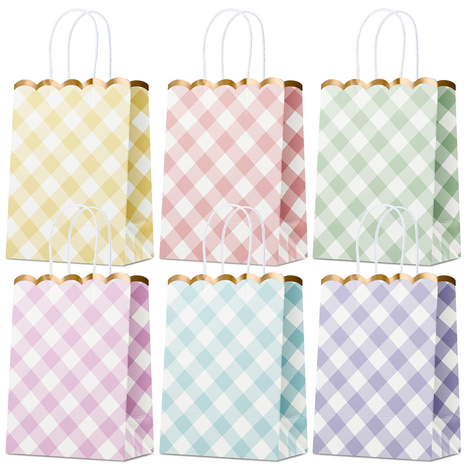 Small Gift Bags with Handles, 12-Pack Paper Party Favor Goodie Bags, 5.82 x 3.54 x 8.18 Inches, 6 Designs in Picnic Daydream, Ideal for Easter, Birthdays, Baby Showers, and Christmas Parties
