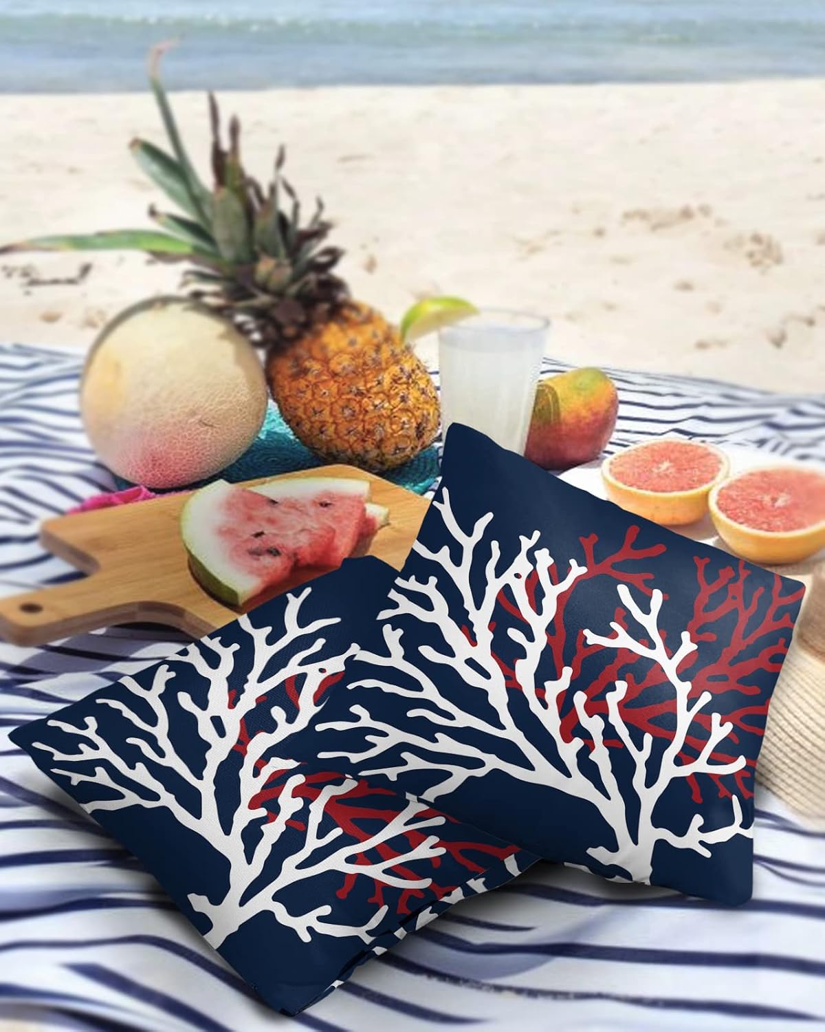 Outdoor Waterproof Throw Pillow Cover White Red Coral Branch Decorative Pillows Cushion Covers Nautical Navy Blue 2 Pack Pillow Cases for Patio Garden Balcony Couch Sofa 20x20In