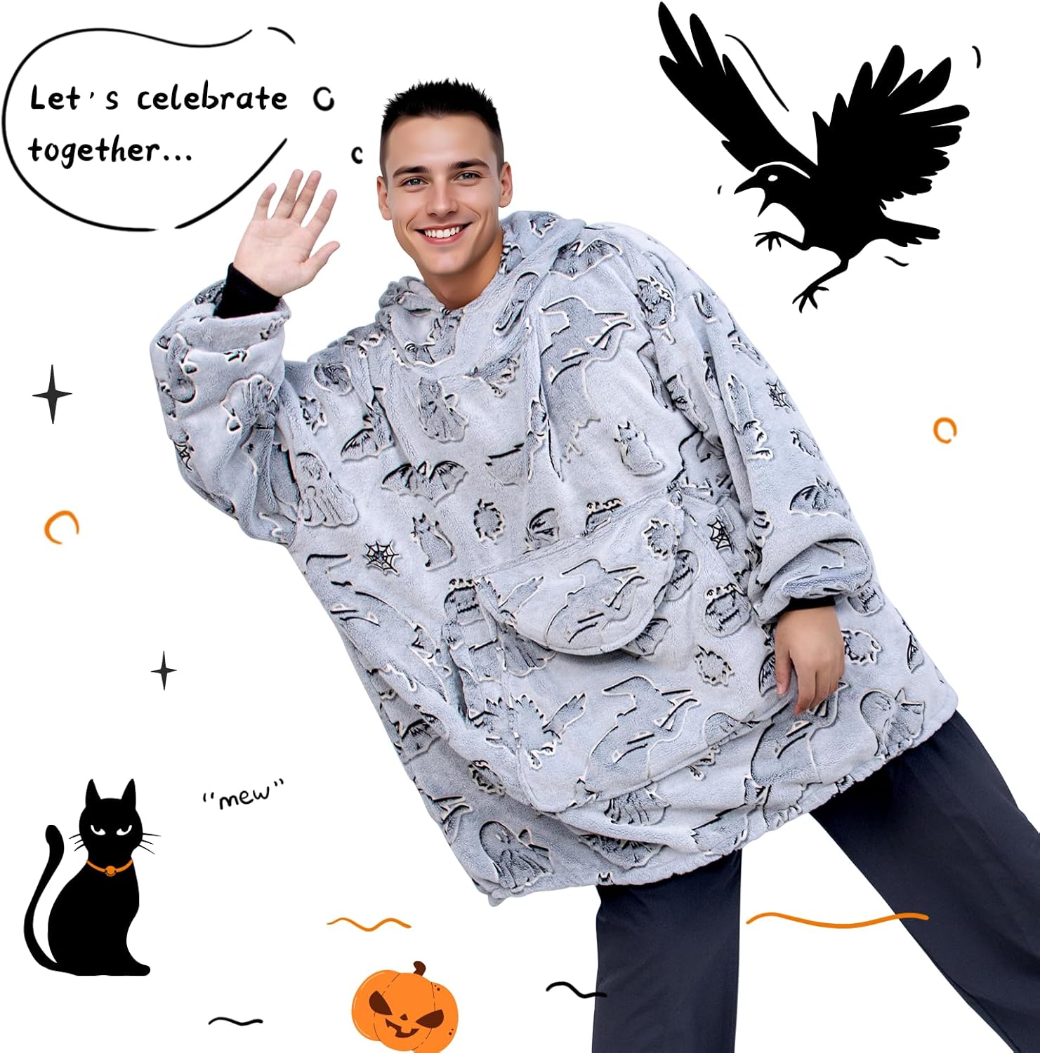 REXEO Halloween Blanket Hoodie Gifts for Women Adults - Wearable Blankets for Women, Halloween Birthday Gifts Decorations, Flannel Hooded Blanket with Larger Pocket for Adults