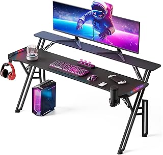 Warmiehomy Gaming Desk with LED Lights, RGB Gaming Table with Voice Control Mode and Music Sync, 160 x 60cm Computer Desk with Headphone Hook, Cup Holder and Mouse Pad, Black