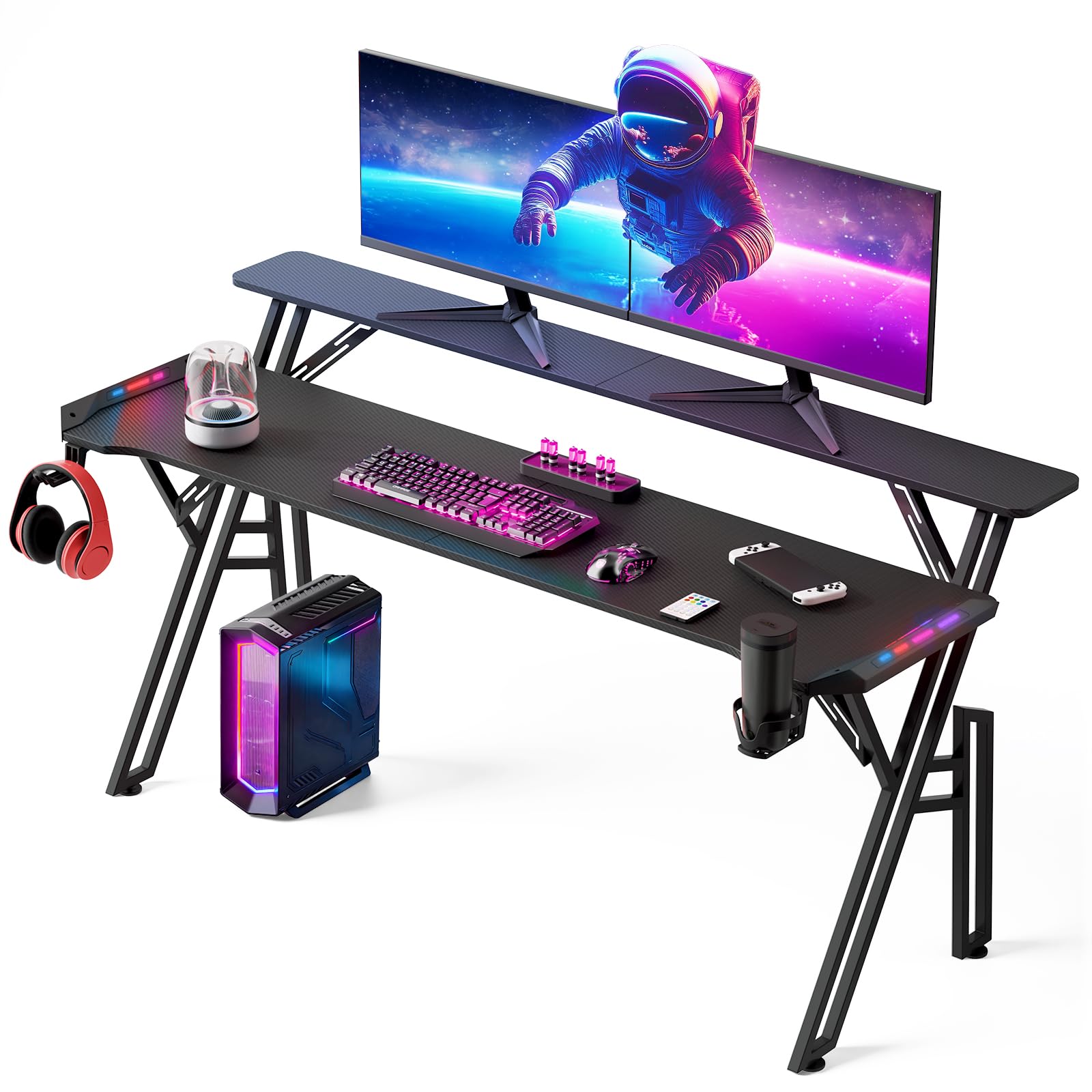 Warmiehomy Gaming Desk with LED Lights 160 x 60cm, Black