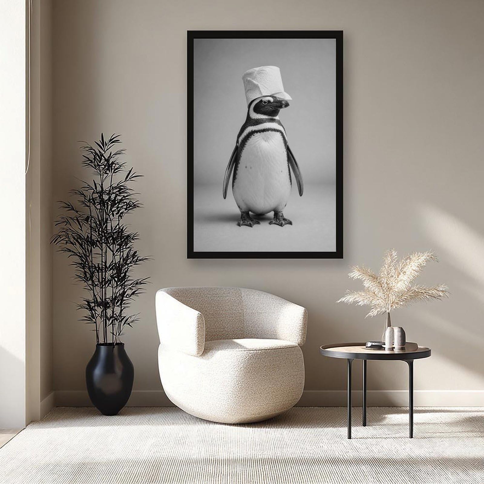Minimalistischer, einfarbiger Pinguin mit Toilettenpapierhut, schlichter grauer Hintergrund, Leinwand-Kunst-Poster, humorvoll, niedlicher Tier-Porträtdruck, Neuheit, Wanddekoration für Badezimmer