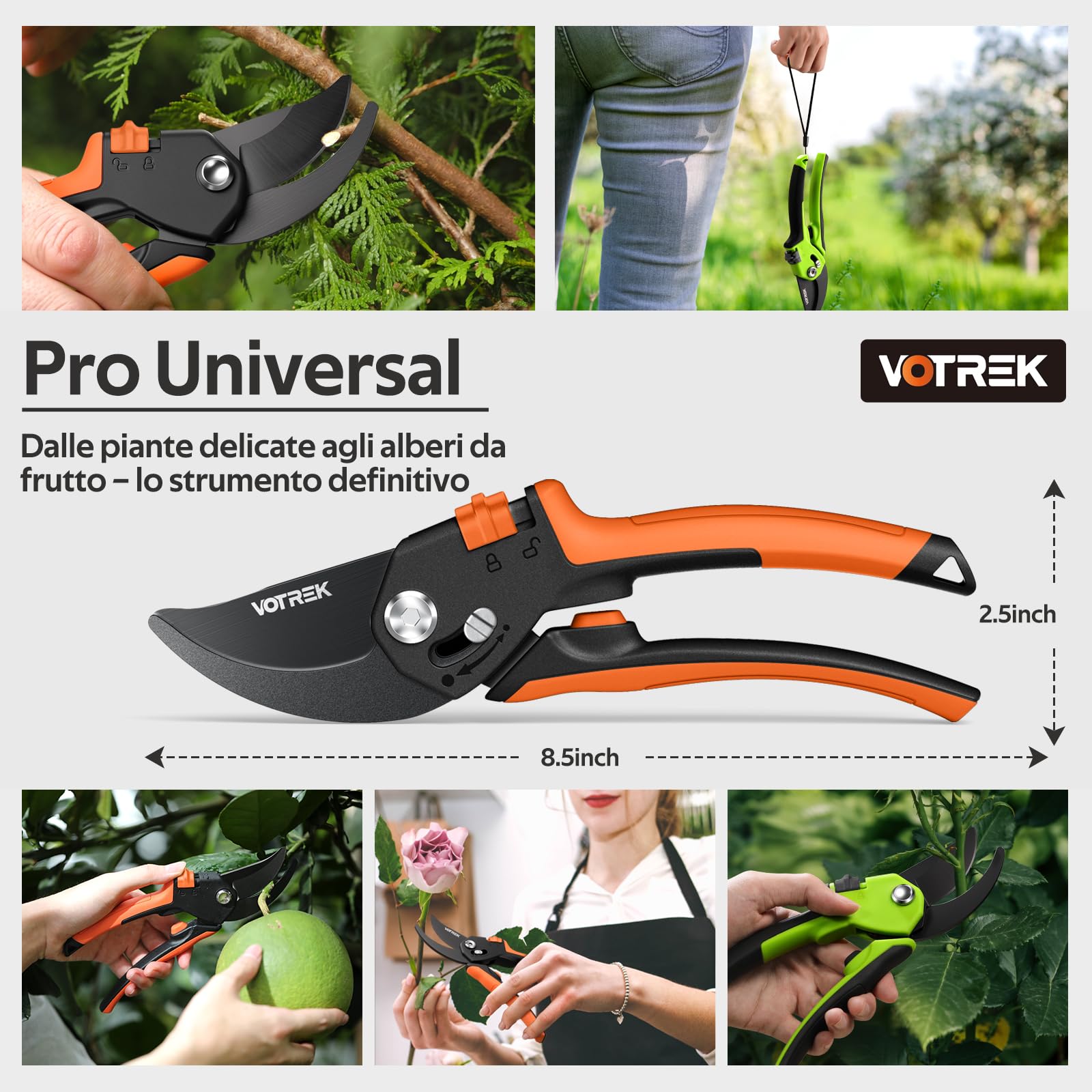 Cesoie da Potatura Bypass Pro 21,5 cm – Per Mani Deboli con Regolazione Continua, Lame SK5 & Molla Sigillata. Le Forbici da Giardinaggio Professionali per Rose, Frutteti –Regalo