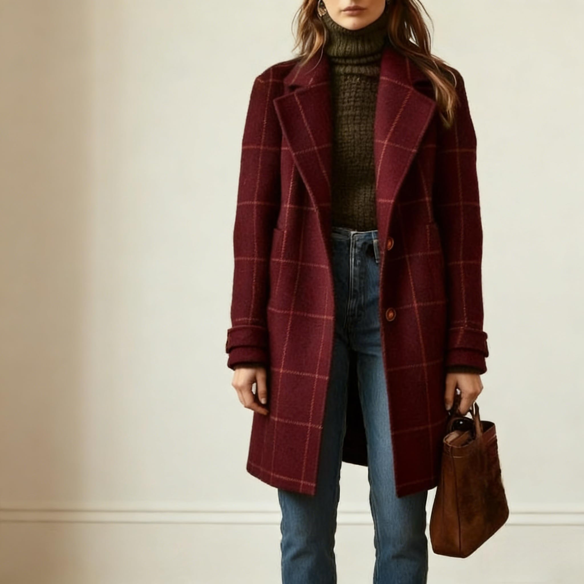 Abrigo De Invierno De Mezcla De Lana para Mujer Cuello con Muescas Botonadura Sencilla Chaqueta De Longitud Media Abrigo Retro A Cuadros Abrigo Tipo Guisante Talla Grande Elegante para Otoño E Invi