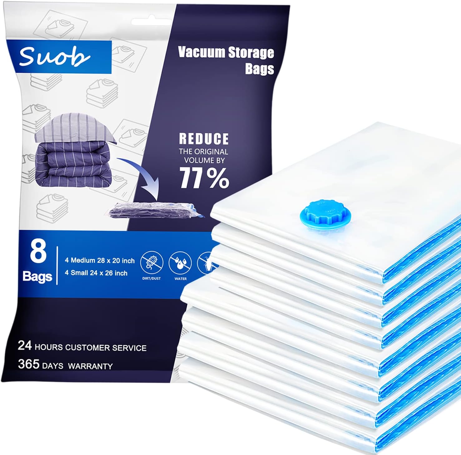Vacuum Storage Bags - 4 Pack (28 x 20inch) + 4 Pack (24 x 16inch) Space Saver Bags for Clothes Blankets Comforters - (8 Combo) Vacuum-Sealed, Double-Zip Seal Compression Bags for Maximum Storage