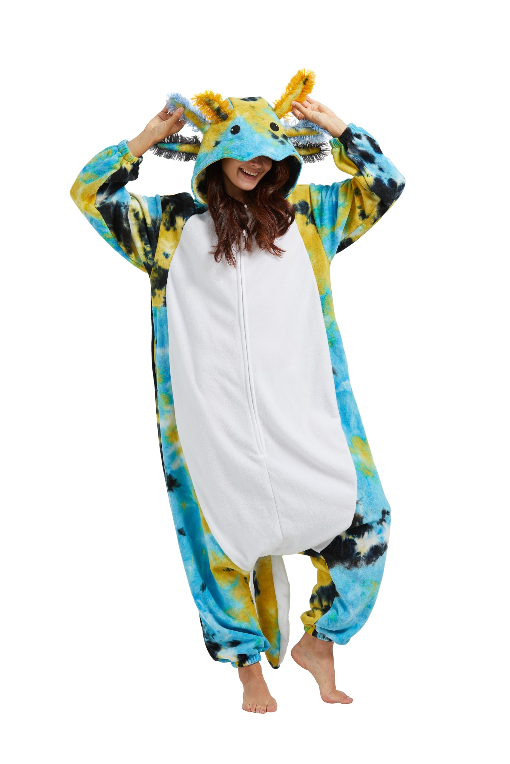 SimZoo Axolotl Tier-Einteiler-Pyjama für Erwachsene, Herren und Damen, Unisex-Hauskleidung Einteilige Cosplay-Kostüm, Nachtwäsche