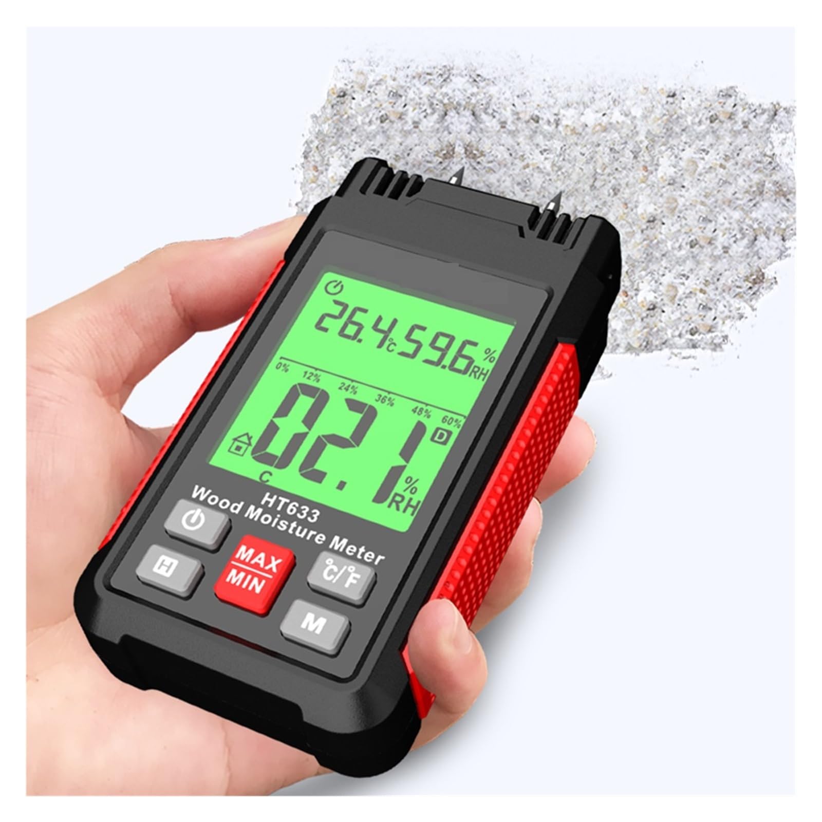 Medidor de humedad HT633 Medidor de humedad de madera digital Profesional 0~57% Higrómetro de madera Herramienta portátil Pantalla LCD Detector de humedad de madera Monitoreo ambiental