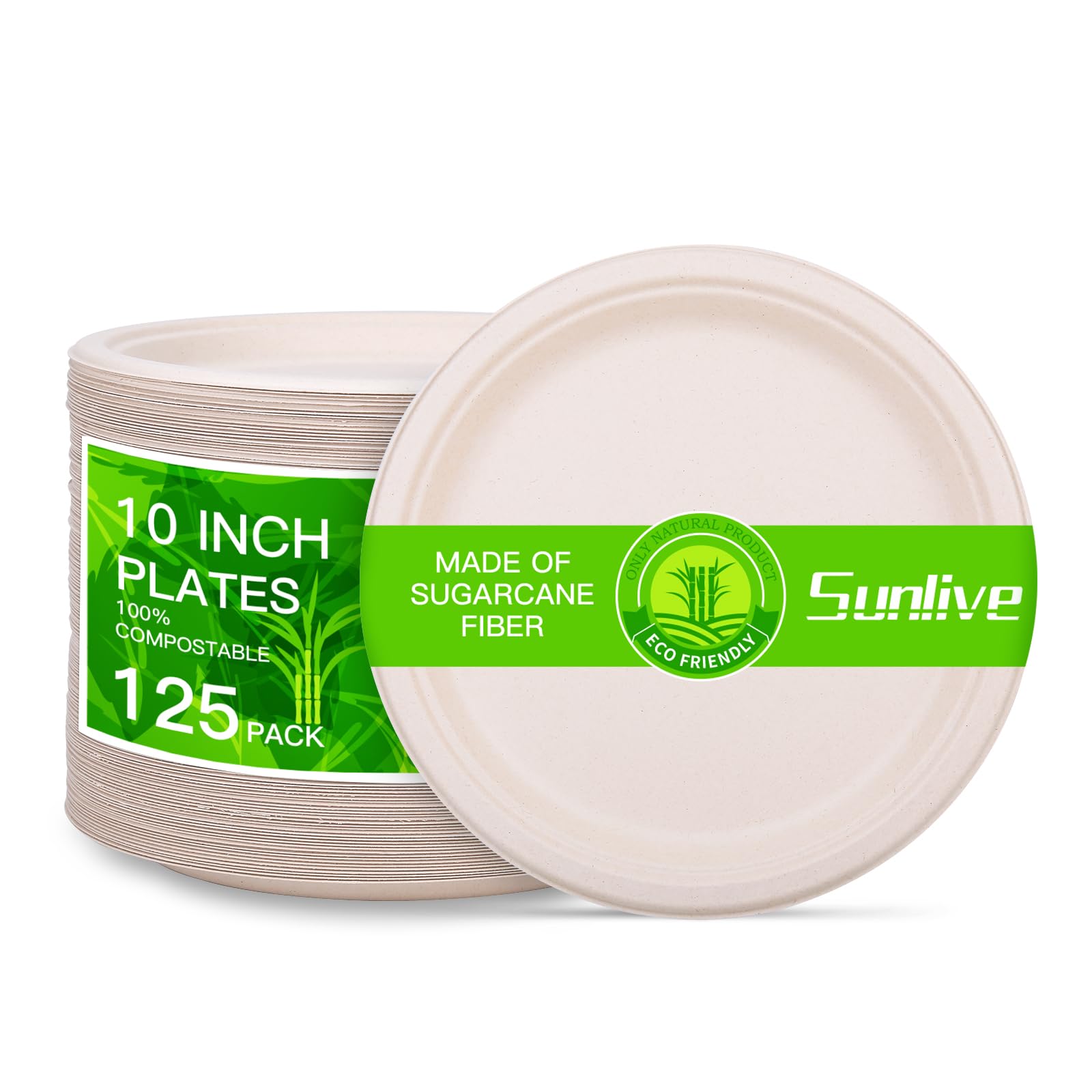 Sunlive100% Home Compostable 10 inch Paper Plates, 125 Pack Heavy-Duty Disposable Plates, Eco-Friendly Biodegradable, Made of Sugarcane Fibers