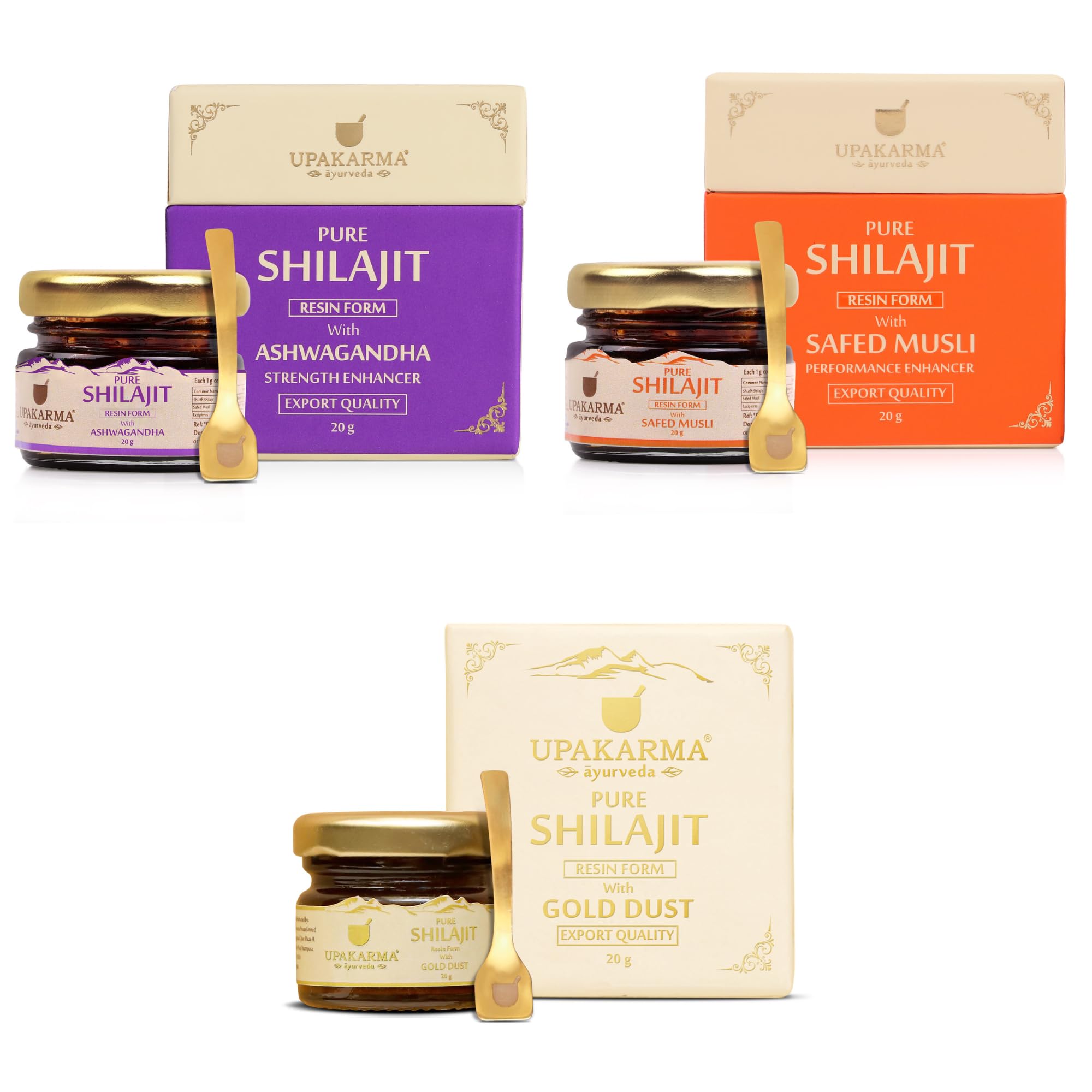 UPAKARMA Ayurveda Pure Shilajit Resin with Ashwagandha, Safed Musli, and Gold Dust Super Value Combo Pack of 3 to Boost Performance, Power, Strength & Stamina - 20g (Pack of 3)