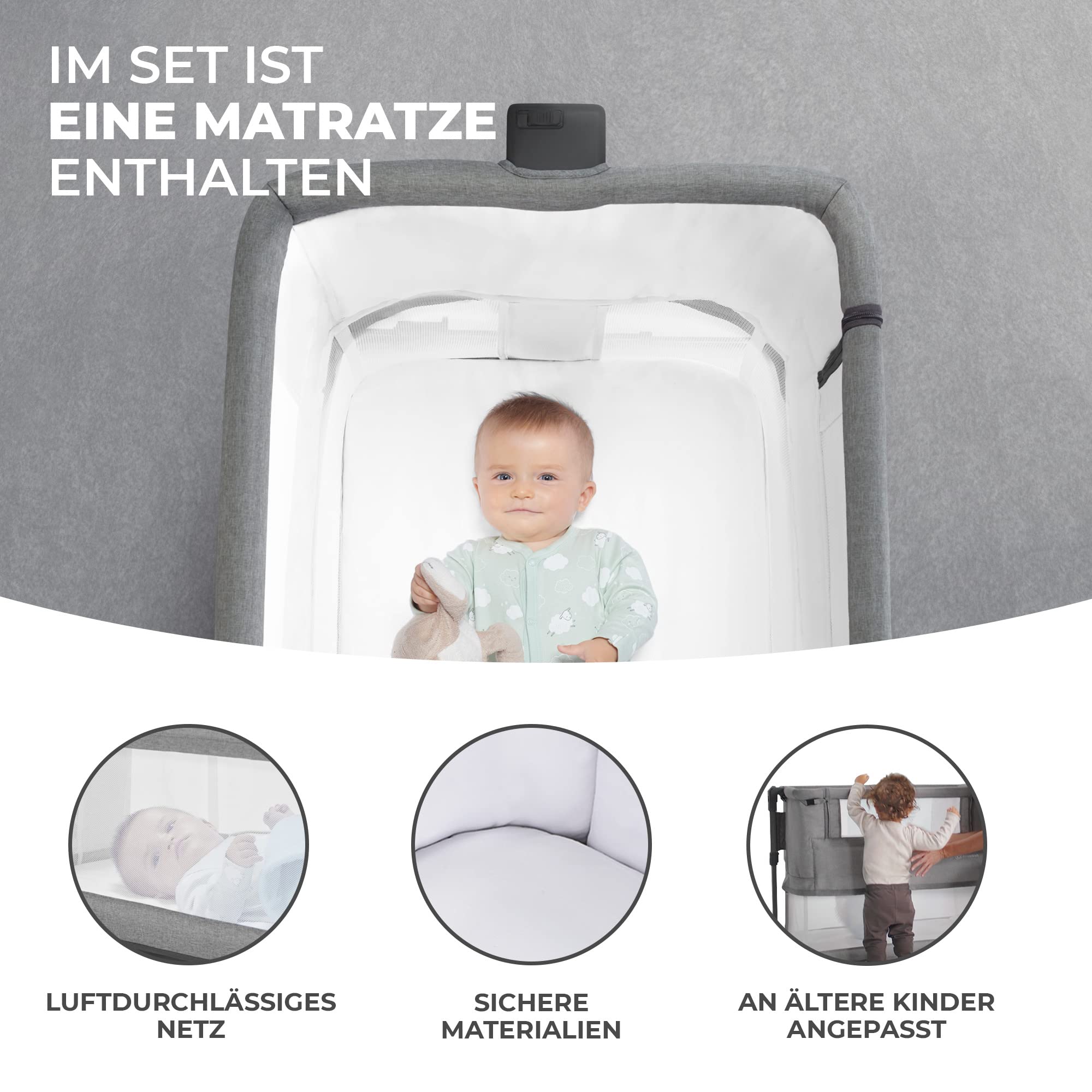 Kinderkraft Neste Grow 3 in 1 Babybett, Beistellbett Baby, Kinderbett ab Geburt für 2 Jahre, mit Matratze Transporttasche Rollen, Höhenverstellung in 5 Stufen, Stahlkonstruktion, Hellgrau