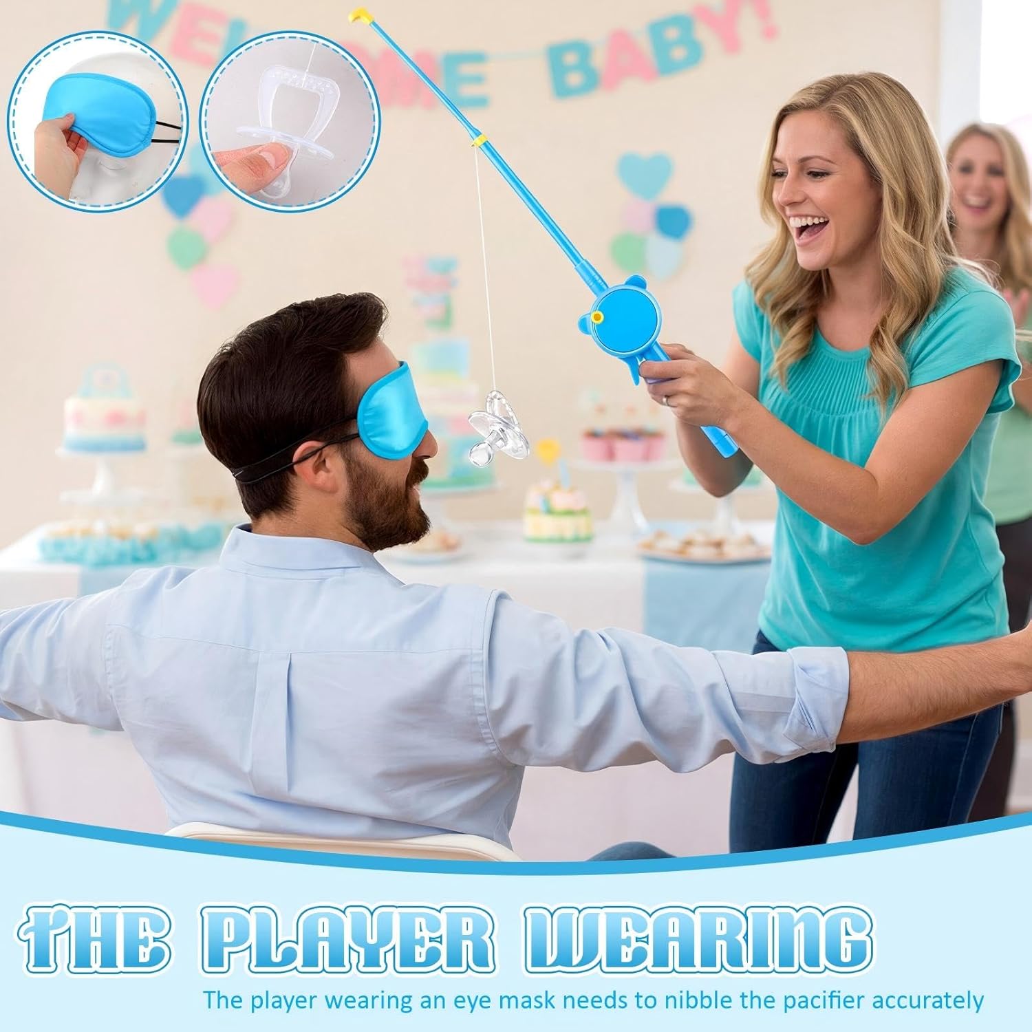 12 Set Baby Shower Games Fishing The Pacifier Blindfolds Feeding Games Funny Baby Shower Gender Reveal Party Game Bridal Showers for Guest Wedding Party(The Pacifier Is Not Magnetic) (Blue)