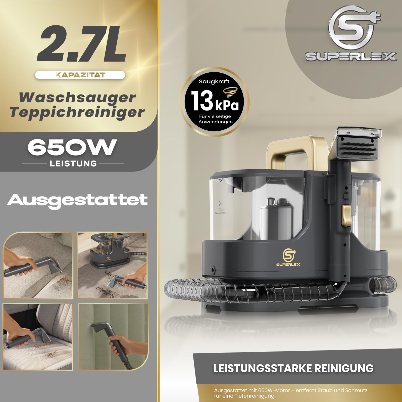Polsterreiniger Gerät, 650 W, 13 kPa Teppichreiniger & Waschsauger
