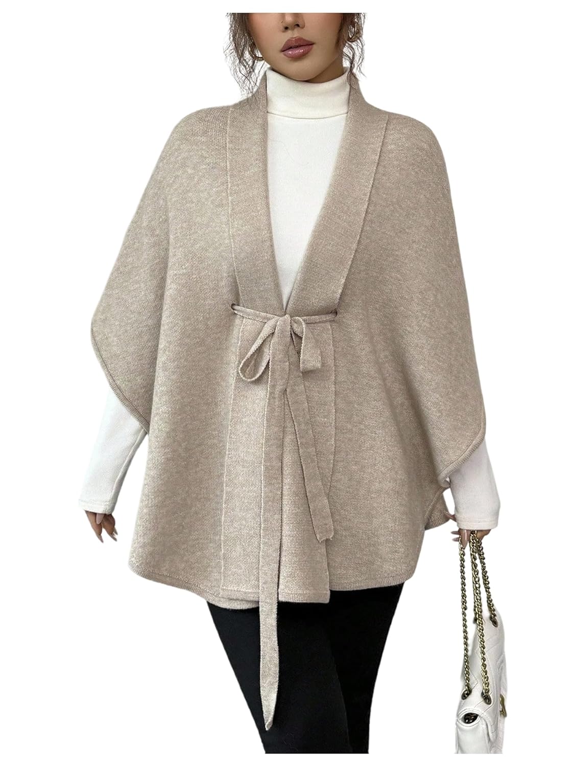 MakeMeChic Womens Poncho Cardigan Knitted Belted Old Money Shawl Wraps