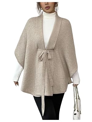 MakeMeChic Womens Poncho Cardigan Knitted Belted Old Money Shawl Wraps