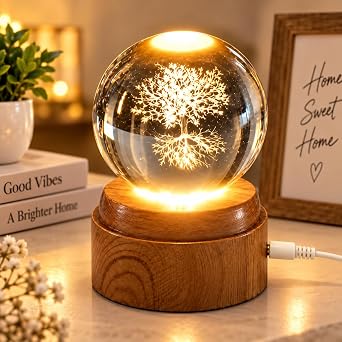Crystal Ball Night Light 6cm & 8cm, 3D Engraved Galaxy & Tree of Life LED Lamp with Wooden Base, USB Powered Warm White Colour, Decorative Table Lamp for Home Decor Style 1, 8cm