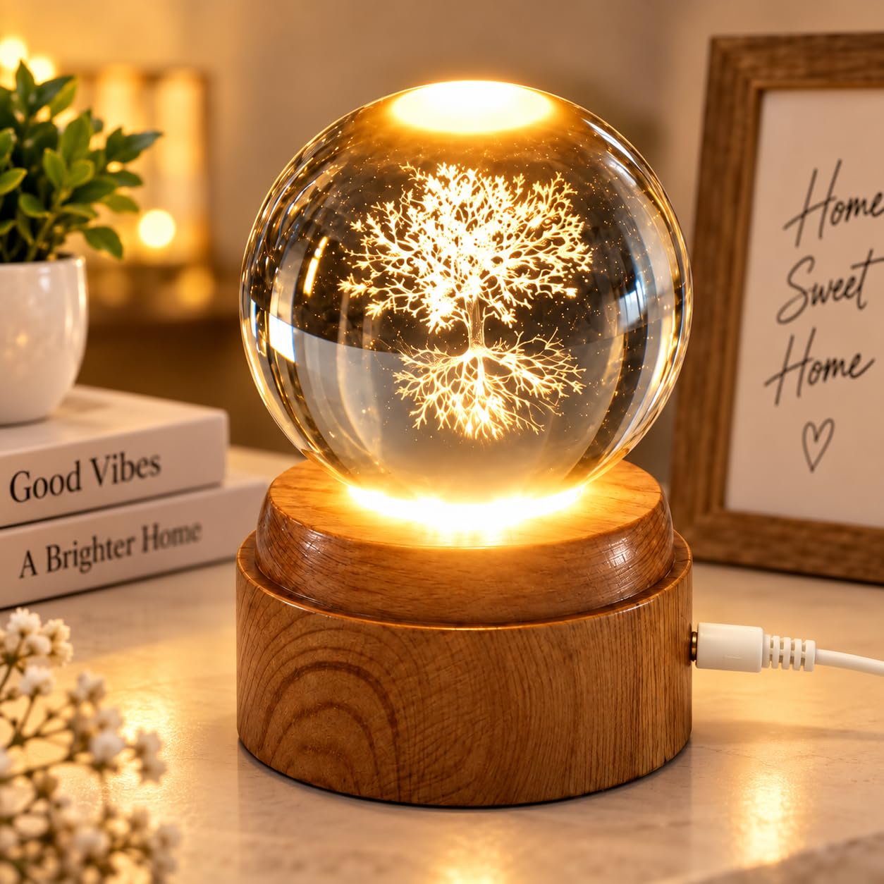 Crystal Ball Night Light 6cm & 8cm, 3D Engraved Galaxy & Tree of Life LED Lamp with Wooden Base, USB Powered Warm White Colour, Decorative Table Lamp for Home Decor (Style 1, 8cm)