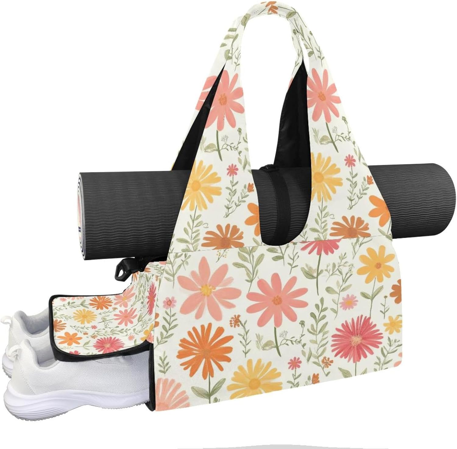 Yoga Mat Bag, Gym Workout Bag with Shoe Compartment, Ladybug Daisy Pilates Bag for Women, Quick Access Storage Yoga Tote Bag for Sports Travel Office