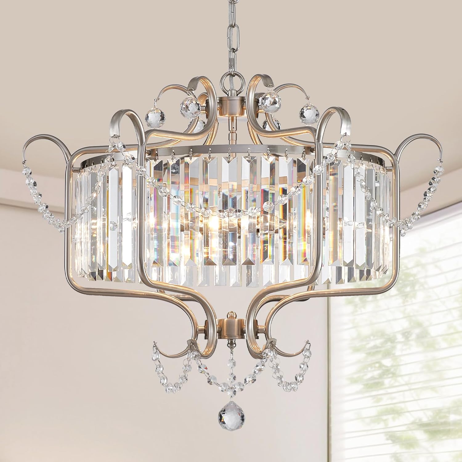 Crystal Modern Chandelier 6-Light, 24" Brushed Nickel Dining Room Light Fixture Over Table Hallway Kitchen Bedroom Foyer Adjustable Height Hanging Ceiling Chandelier, Round