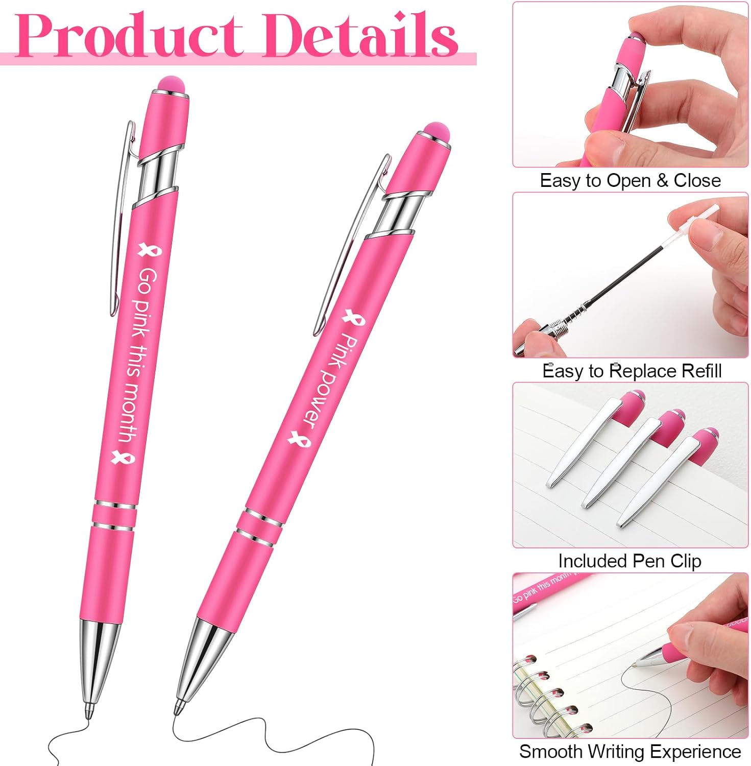 Yeaqee 50 Pieces Breast Cancer Awareness Pink Pens Bulk with 0.5 mm Inspirational Black Ink Retractable Pink Ribbon Ball Point Pens for Public Events Women Girls Gift Office Supplies