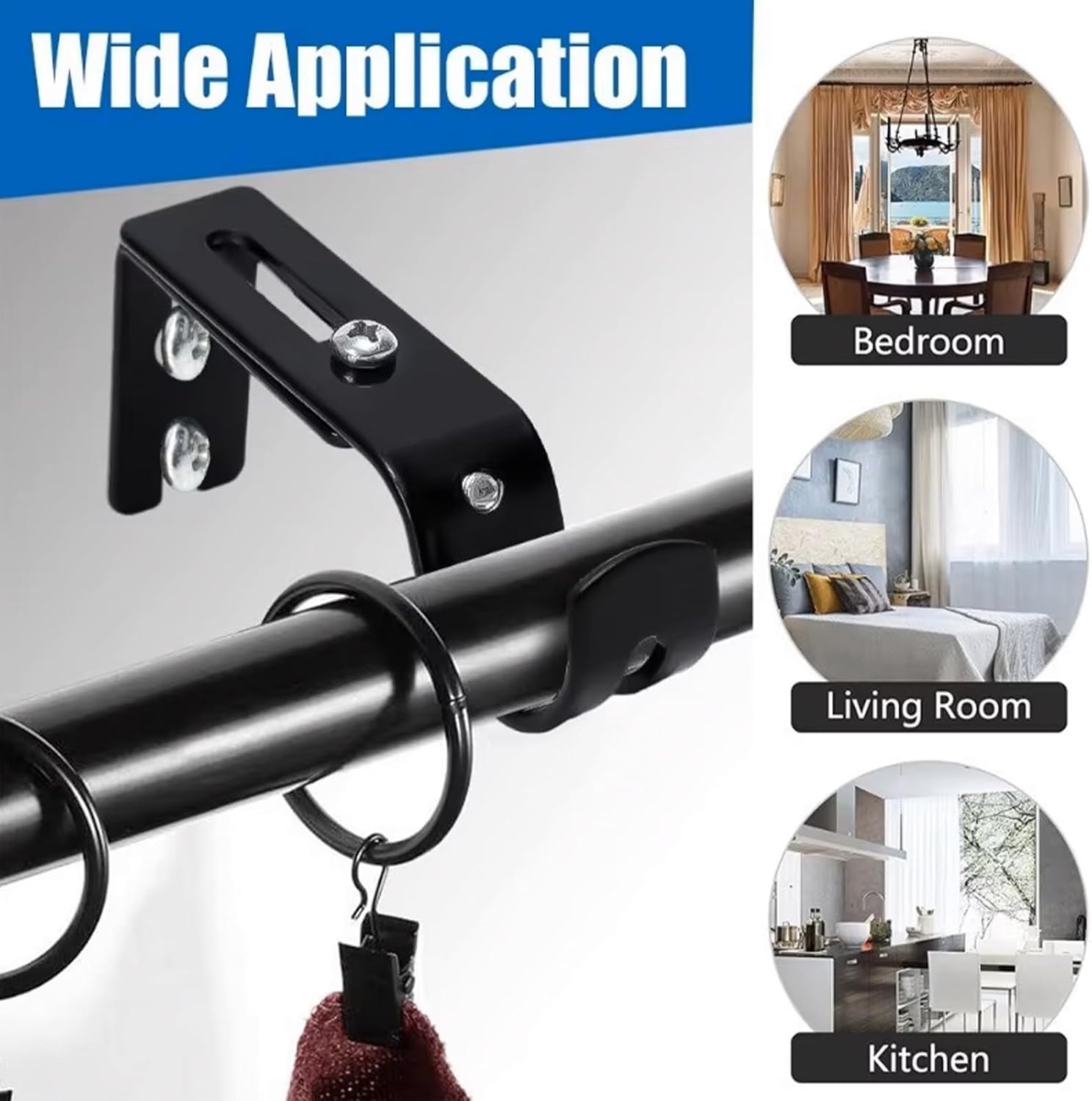 Heavy Duty Adjustable Curtain Rod Brackets, Black Wall Mount Drapery Rod Holder Hooks for 1 Inch Diameter Curtain Rods (2-Pack)