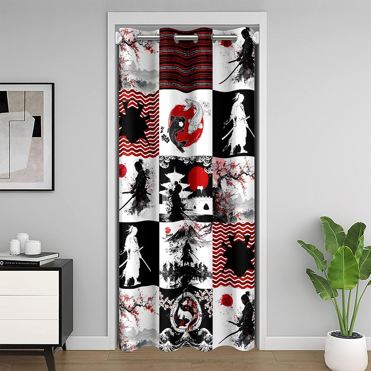 Homemissing Samurai Türvorhang 86x203cm Kirschblüten Zimmer Divider Kinder Jungen Mädchen Japanische Koi Fische Ozean Welle Vorhang Geometrische Streifen Japanischer Stil Plaid Vorhang