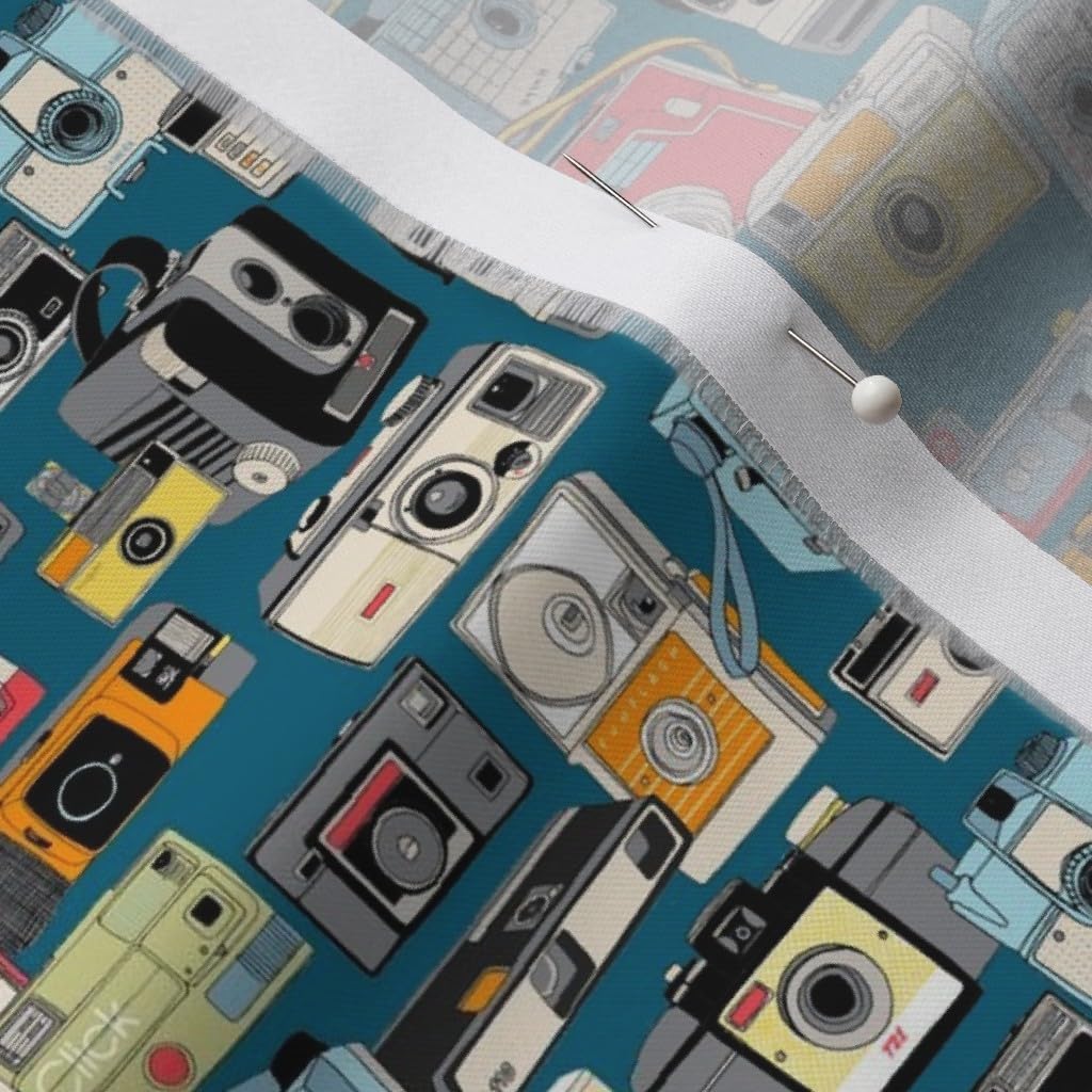 Spoonflower Fabric - Micro Midnight Vintage Camera Illustrations Photography Photo Retro Printed on Organic Cotton Sateen Fabric by The Yard - Sewing Quilting Apparel Home Decor