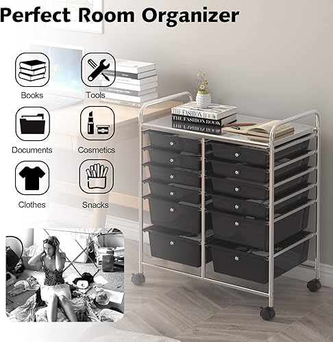 Miniatura 6 de Giantex Carrito de almacenamiento con ruedas de 12 cajones, carrito organizador móvil multiusos, carrito de utilidad para el hogar, oficina, escuela
