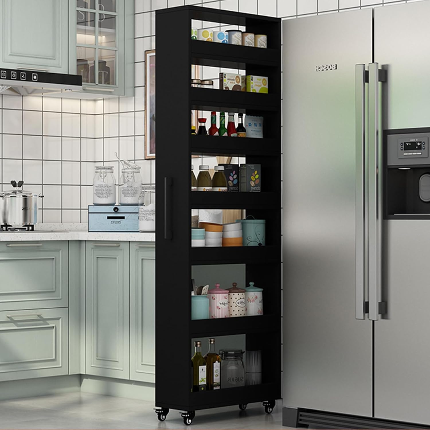 7 Tier Standing-Shelf with Wheels, 5.9/7.9/9.8'', Wooden Slim Storage Cart, Thickened Plate, Scratch-Resistant and Wear-Resistant, for Home, Kitchen, Bakers, Closet, Pantry, Dining Room